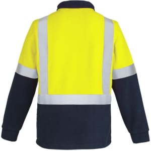 A polar fleece pullover in high visibility yellow and navy, featuring shoulder tape and a logo.