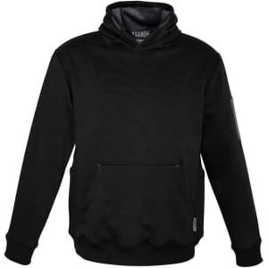 A black unisex multi-pocket hoodie featuring a front pouch and a branded logo. It has a hood and long sleeves.