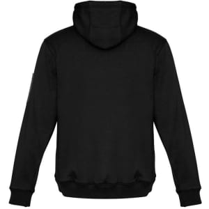 A black unisex hoodie featuring a hood and multi-pocket design, with a branding logo on one sleeve.