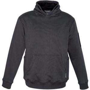 A dark grey unisex multi-pocket hoodie featuring a front pocket and a subtle logo.