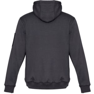 A unisex, grey multi-pocket hoodie with a hood and long sleeves, featuring a logo on the side.