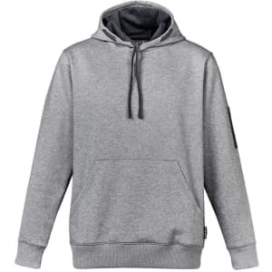 A grey unisex multi-pocket hoodie featuring a front pocket and drawstring hood. Contains a logo on the sleeve.