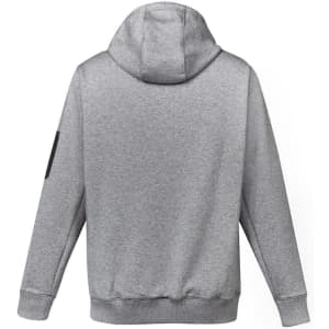 A grey unisex multi-pocket hoodie with a hood and a branded patch on the sleeve.