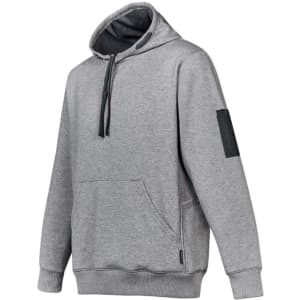 A grey unisex hoodie featuring a multi-pocket design and a logo. It has a hood and a front pouch pocket.