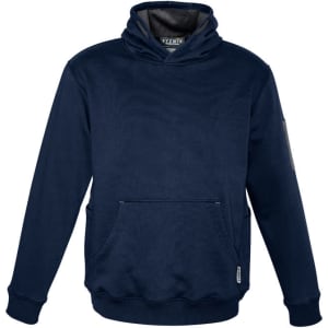 A navy unisex multi-pocket hoodie featuring a front pouch pocket and a logo on the sleeve.