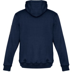 A navy unisex multi-pocket hoodie featuring a hood and ribbed cuffs, with a logo on the sleeve.