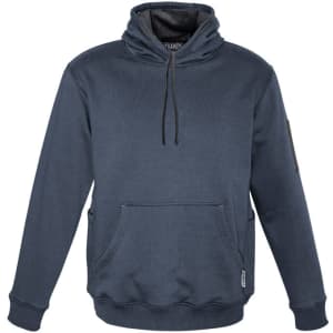 A navy blue unisex hoodie featuring multiple pockets and a hood, with a logo on the sleeve.