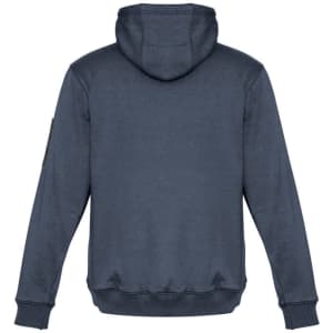 A navy unisex multi-pocket hoodie featuring a hood and ribbed cuffs, with a logo on the sleeve.