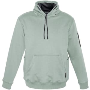 A light green unisex multi-pocket hoodie featuring a drawstring hood and a side pocket. It has a logo on the sleeve.