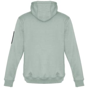 A unisex multi-pocket hoodie in light green, featuring a hood and a branded logo on the sleeve.