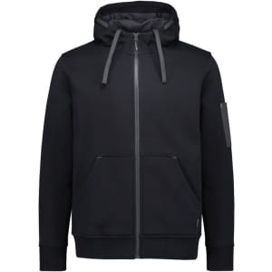 A black unisex zip front hoodie featuring a multi-pocket design and a hood. It includes a logo on the sleeve.