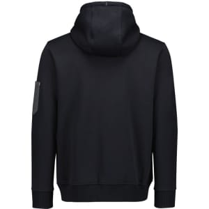 A black unisex zip front hoodie with a multi-pocket design and a hood, featuring a logo on the sleeve.