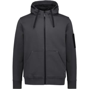 A unisex zip front multi-pocket hoodie in dark grey with a hood and front pockets, featuring a logo on the sleeve.