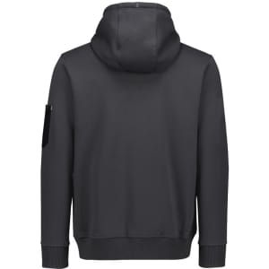 A unisex zip front hoodie in dark grey with multiple pockets and a hood, featuring a logo.