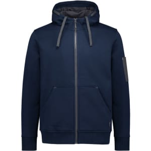 A navy unisex zip front hoodie featuring multiple pockets and a hood. It has a logo on the sleeve.