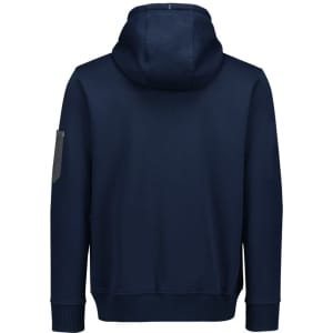 A navy unisex zip-front hoodie featuring a hood and a multi-pocket design, including a pocket on the sleeve.