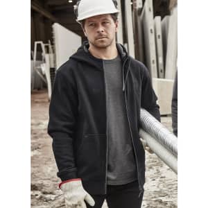A black unisex zip front multi-pocket hoodie displayed on a person wearing gloves and a hard hat in a work environment.
