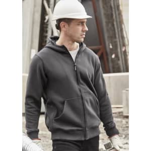 A unisex zip front multi-pocket hoodie in dark grey, featuring a hood and a logo, worn by a model at a construction site.