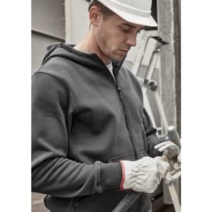 A grey unisex zip-front hoodie with multiple pockets, worn by a person wearing gloves and a hard hat.