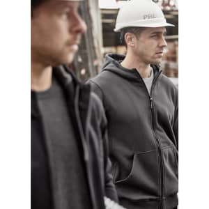 A grey unisex zip-front hoodie with multiple pockets is worn by two men, one wearing a hard hat in a work setting.
