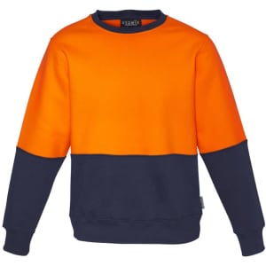 A unisex hi-vis crew sweatshirt featuring an orange upper and navy lower section, with a logo on the label.