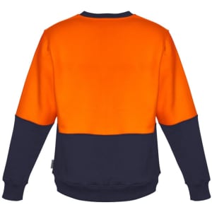 A unisex high visibility crew sweatshirt featuring an orange upper and navy lower. It includes a logo on the garment.