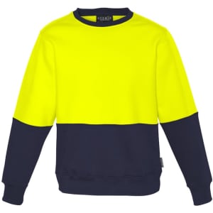 A bright yellow and navy blue unisex hi-vis crew sweatshirt with a logo on the front. Suitable for workwear.