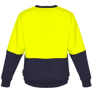 A unisex hi-vis crew sweatshirt featuring a bright yellow top section and a navy bottom section, with a logo.