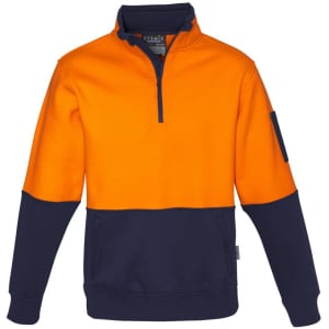 A unisex hi-vis pullover in bright orange and navy blue, featuring a half zip and a sleeve pocket.