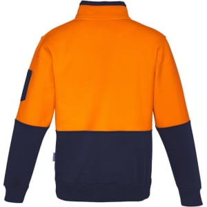 A unisex hi-vis pullover featuring an orange upper section and navy lower section, with a logo on the sleeve.