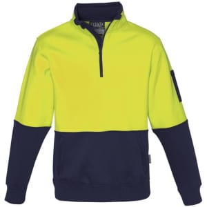A unisex hi vis pullover in bright yellow with a navy blue lower section and a logo on the sleeve.