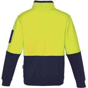 A unisex hi-vis pullover in fluorescent yellow and navy, featuring a quarter zip and a logo patch on the sleeve.