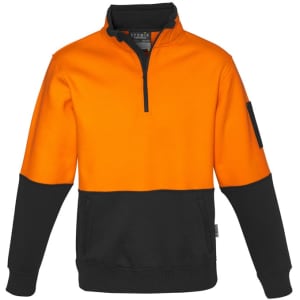 A unisex half-zip pullover in bright orange and black, featuring a logo on the sleeve.