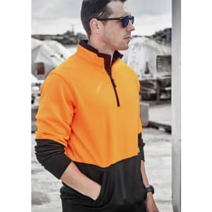 A unisex half-zip pullover in hi-vis orange and black, featuring a logo on the chest and a sleek design.