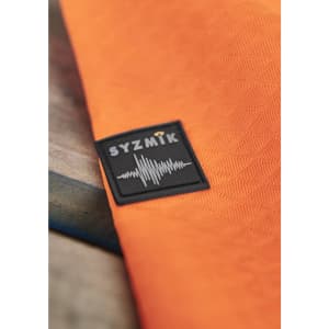 An orange unisex hoodie with a textured jacquard design and a branded logo.