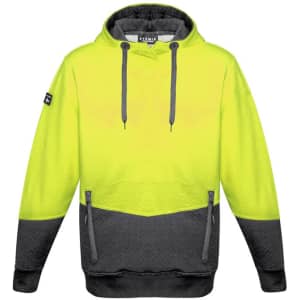 A bright yellow and grey unisex hoodie with a textured jacquard design and a logo on the sleeve.