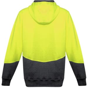 A bright yellow and black unisex hoodie featuring a textured jacquard design and a hood. It has a branding logo.