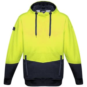 A unisex hi-vis hoodie in bright yellow and black with a textured jacquard design and a logo on the sleeve.