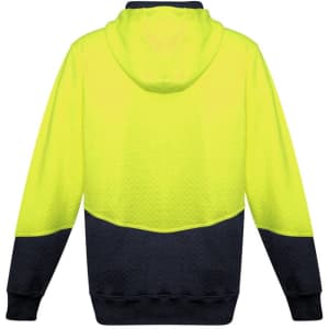 A bright yellow and navy unisex hoodie with a textured jacquard design and a full zip. Features a hood.