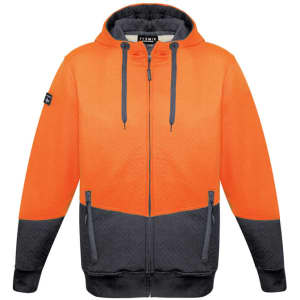 A unisex hi-vis textured jacquard full zip hoodie in bright orange and dark grey, featuring a logo.