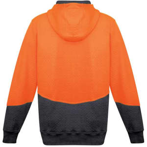 A unisex hoodie in high visibility orange with a textured pattern and black accents. It features a full zip and a hood.