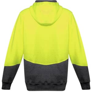 A unisex hi-vis textured jacquard full zip hoodie in bright yellow and black, featuring a hood and a logo.