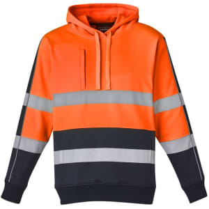 A bright orange and black unisex hoodie with reflective taped stripes and a hood, featuring a logo.