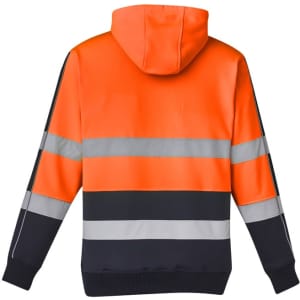 A unisex hi-vis stretch taped hoodie in bright orange and black, featuring reflective strips and a hood.