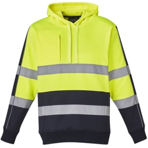 Unisex hi-vis hoodie in bright yellow and navy, featuring reflective tape for enhanced visibility. Includes a logo.