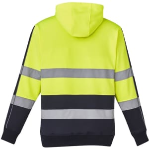 A bright yellow unisex hoodie with reflective stripes and a black bottom. It features a hood and has a logo.
