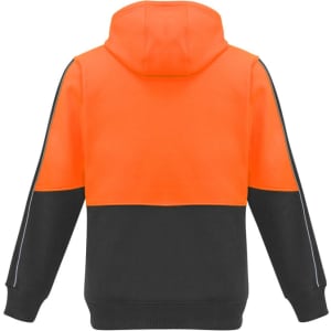 A unisex hi-vis pullover hoodie in orange and black, featuring a hood and long sleeves with a logo.