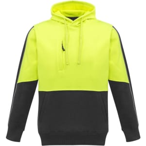 A unisex hi-vis pullover hoodie in bright yellow and black, featuring a logo on the front.