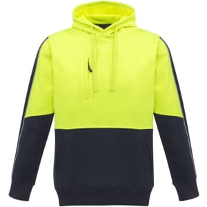 A unisex hi-vis pullover hoodie in bright yellow and navy, featuring a logo on the front.