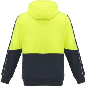 A unisex hi-vis pullover hoodie in bright yellow and navy, featuring a hood and colour-block design with a logo.